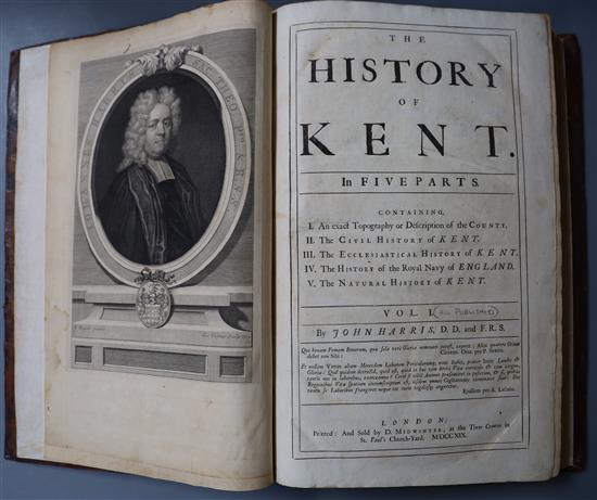 Harris, John - The History of Kent, 1st edition, vol I (all pbd), folio, contemporary calf, lacking plates, London 1719, together with